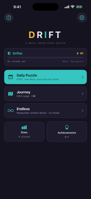 DRIFT — Home: the day's puzzle, Mastery rank, and the three modes
